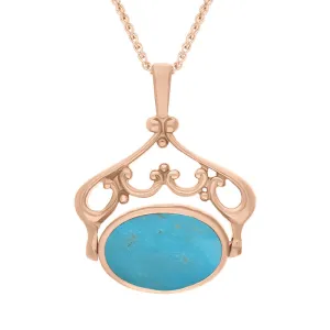 18ct Rose Gold Whitby Jet Turquoise Double Sided Oval Swivel Fob Necklace