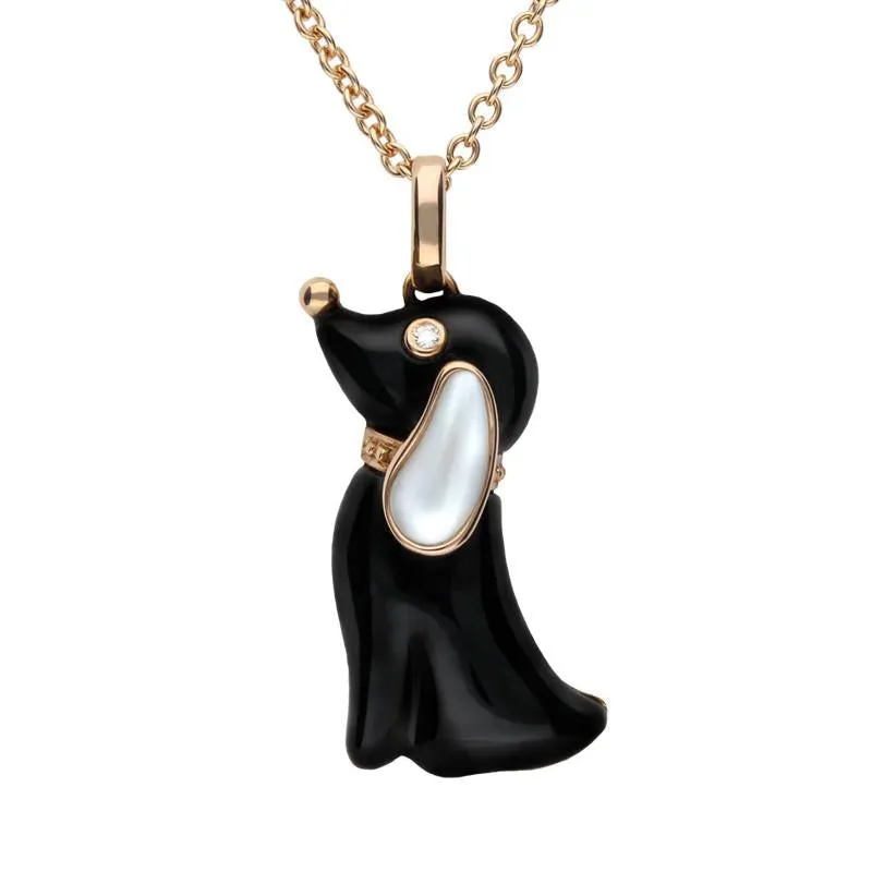 18ct Rose Gold Whitby Jet White Mother of Pearl Diamond Dog Necklace D