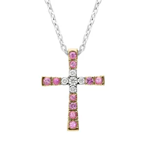 18ct White and Rose Gold Pink Sapphire and Diamond Cross Necklace