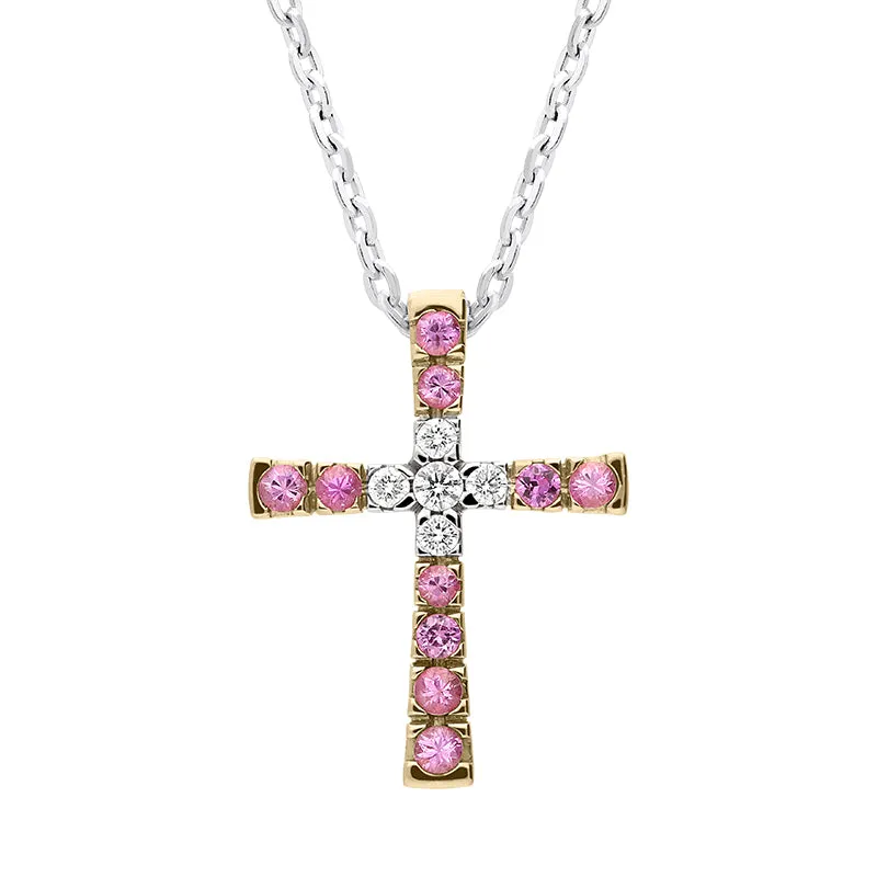 18ct White and Rose Gold Pink Sapphire and Diamond Cross Necklace