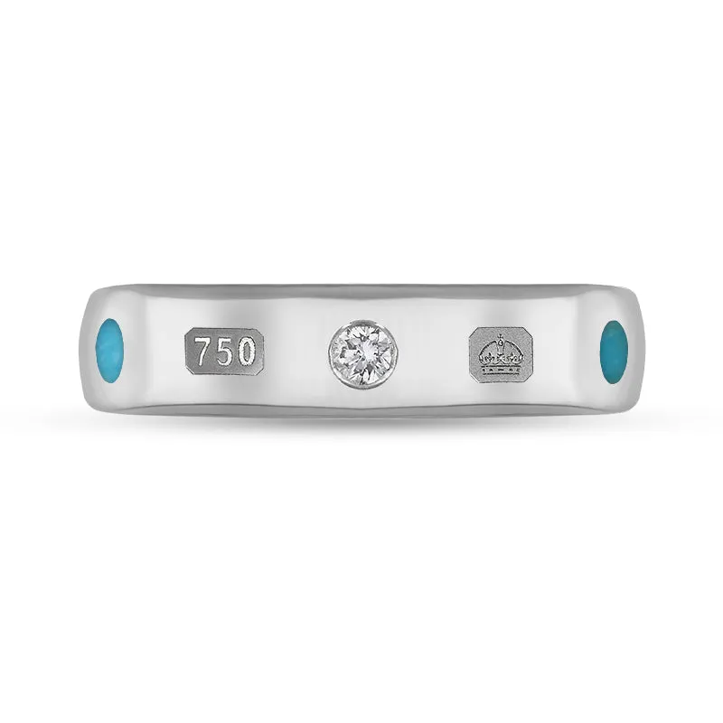 18ct White Gold 0.08ct Diamond Turquoise King's Coronation Hallmark 5mm Ring D