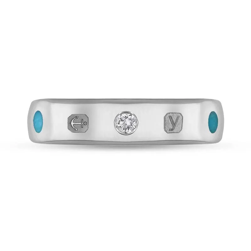 18ct White Gold 0.08ct Diamond Turquoise King's Coronation Hallmark 5mm Ring D