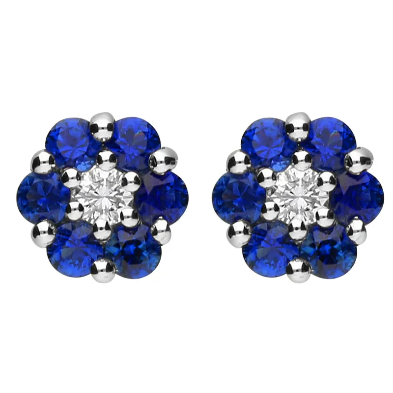 18ct White Gold 0.12ct Diamond 0.92ct Sapphire Cluster Earrings