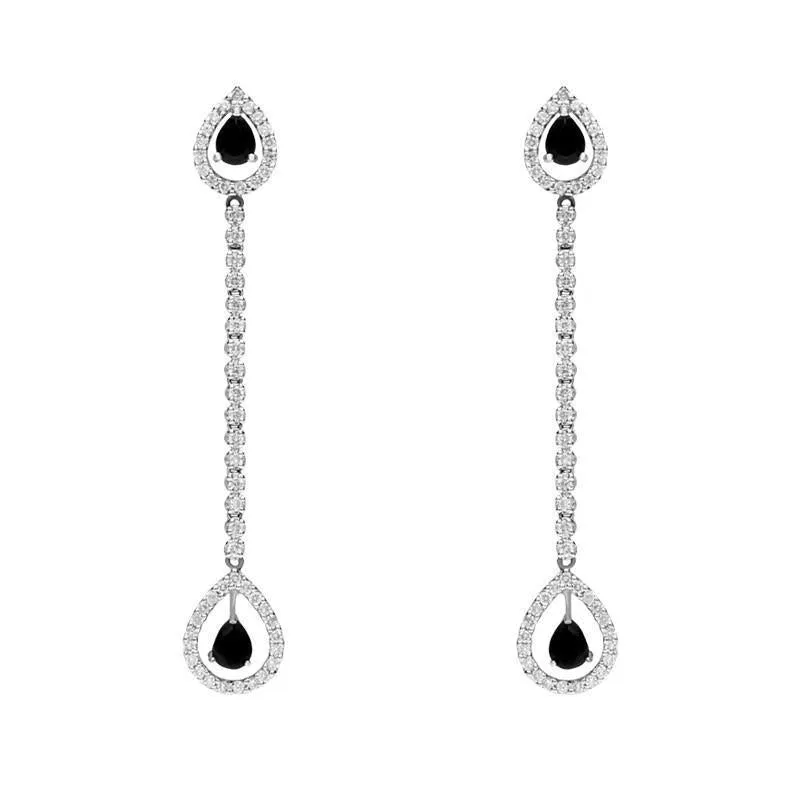 18ct White Gold 0.36ct Diamond Whitby Jet Long Drop Earrings