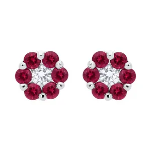 18ct White Gold 0.41ct Ruby Diamond Floral Cluster Earrings