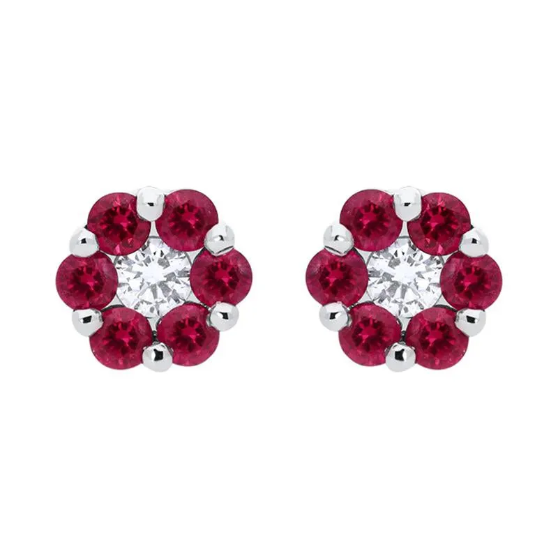 18ct White Gold 0.41ct Ruby Diamond Floral Cluster Earrings