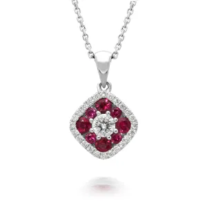 18ct White Gold 0.41ct Ruby Diamond Square Cluster Necklace