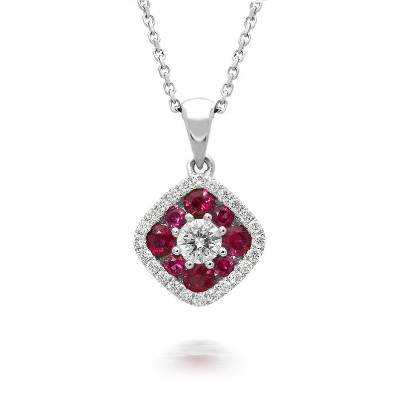 18ct White Gold 0.41ct Ruby Diamond Square Cluster Necklace