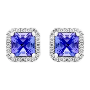 18ct White Gold 0.56ct Tanzanite 0.15ct Diamond Claw Set Cushion Shaped Stud Earrings
