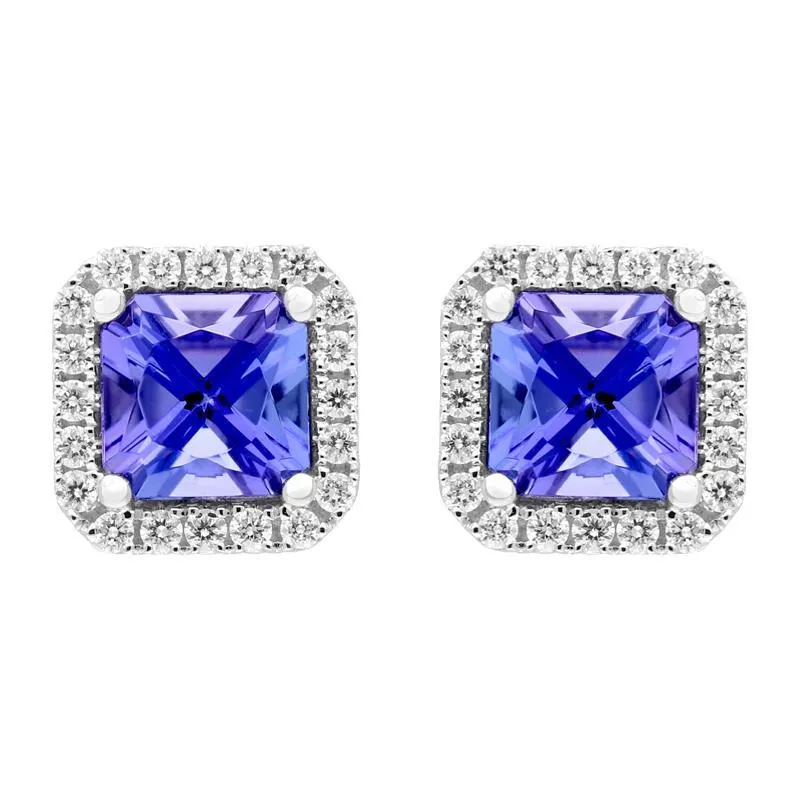 18ct White Gold 0.56ct Tanzanite 0.15ct Diamond Claw Set Cushion Shaped Stud Earrings