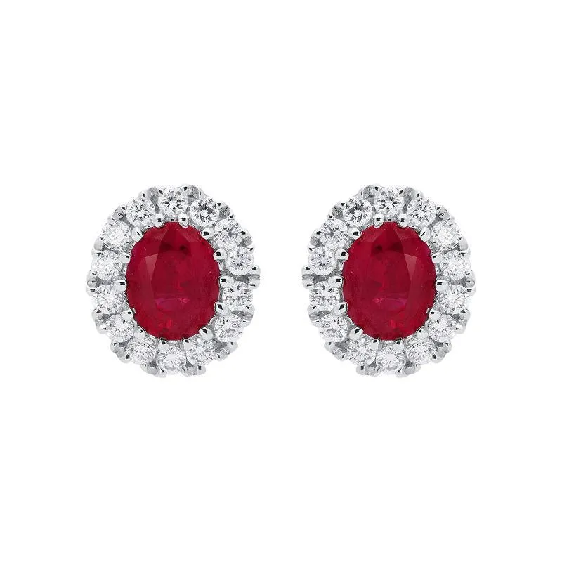 18ct White Gold 0.60ct Ruby Diamond Oval Stud Earrings D