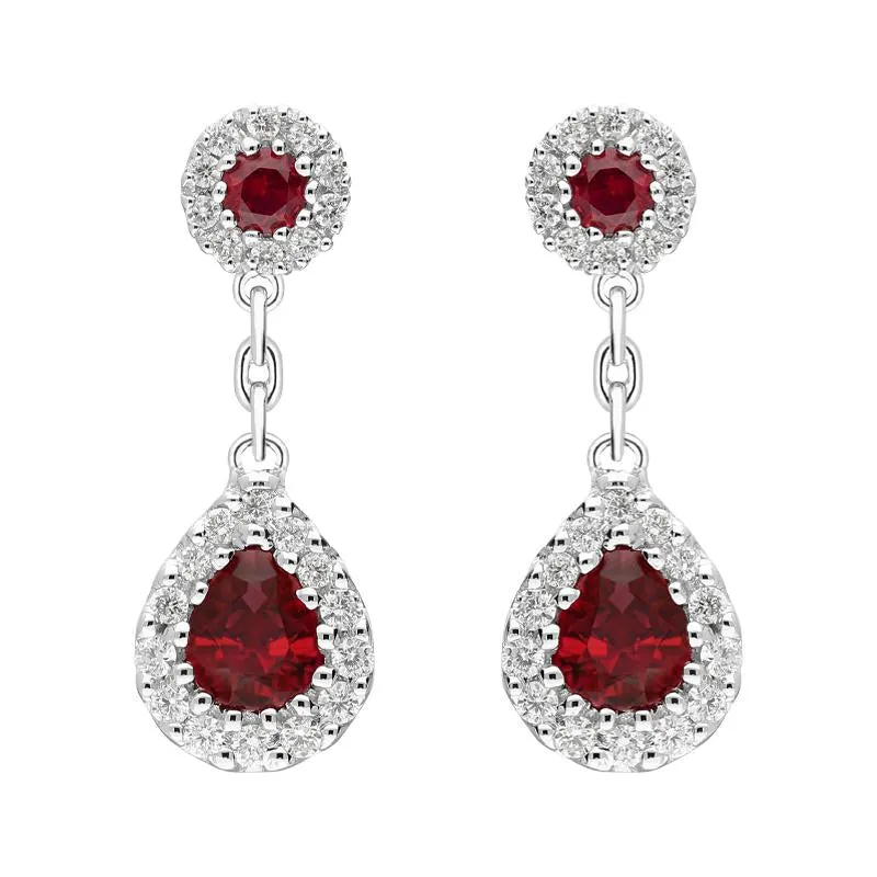 18ct White Gold 0.82ct Ruby Diamond Pear Cluster Drop Earrings