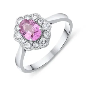 18ct White Gold 0.98ct Pink Sapphire Diamond Cluster Ring