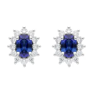 18ct White Gold 0.98ct Sapphire Diamond Oval Cut Cluster Earrings
