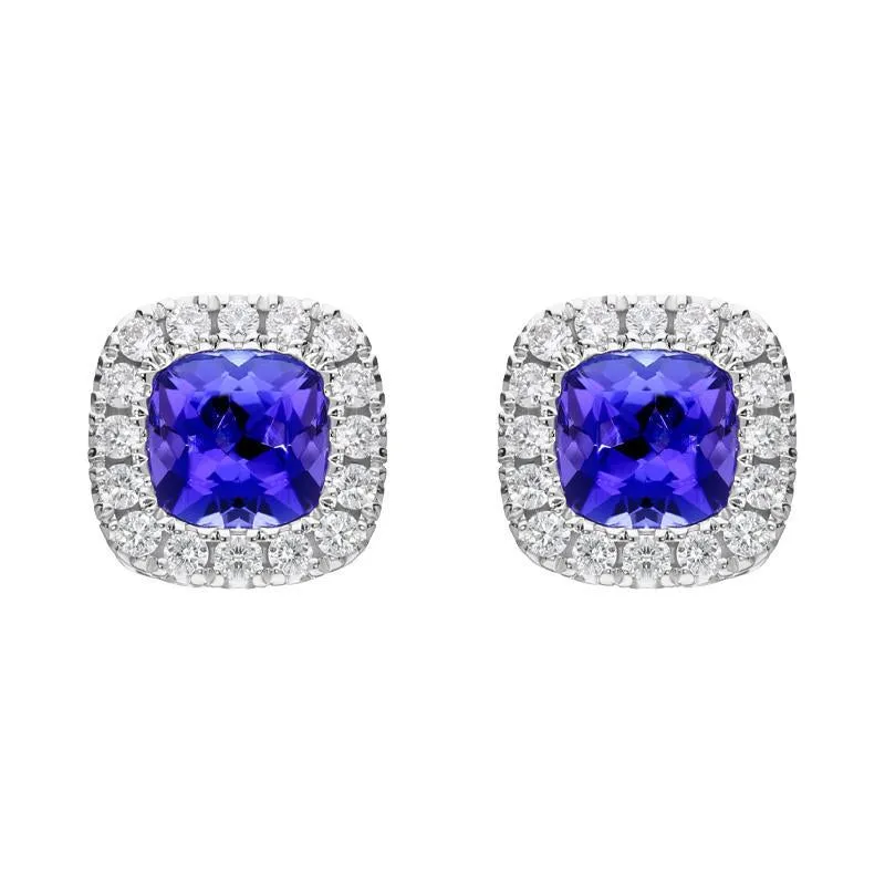18ct White Gold 1.25ct Tanzanite 0.21ct Diamond Cushion Cut Stud Earrings