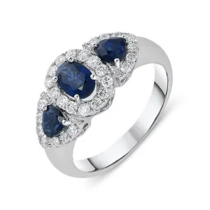 18ct White Gold 1.30ct Sapphire Diamond Cluster Trilogy Ring