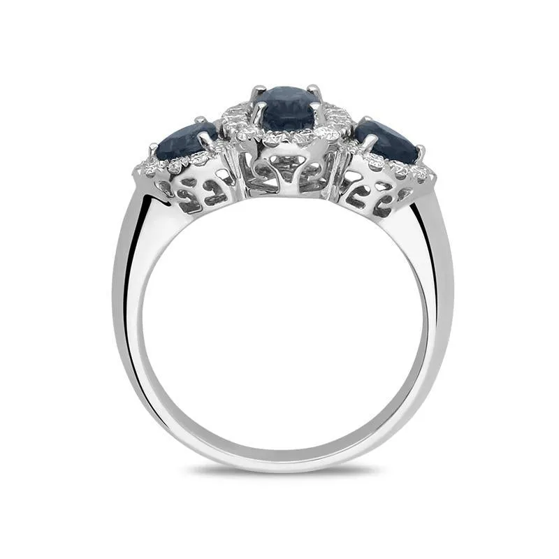 18ct White Gold 1.30ct Sapphire Diamond Cluster Trilogy Ring