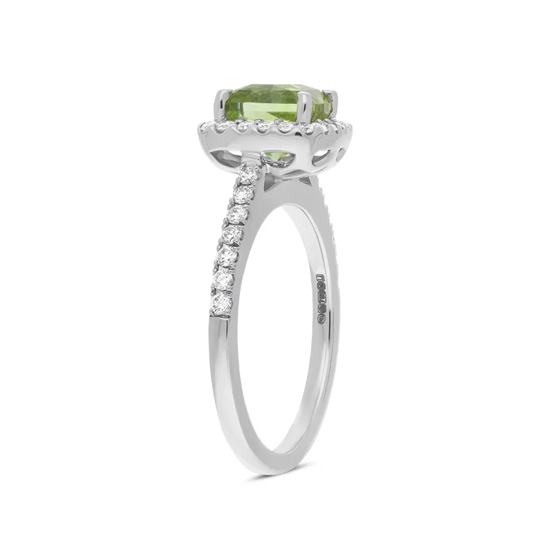 18ct White Gold 1.84ct Green Tourmaline and Diamond Halo Ring
