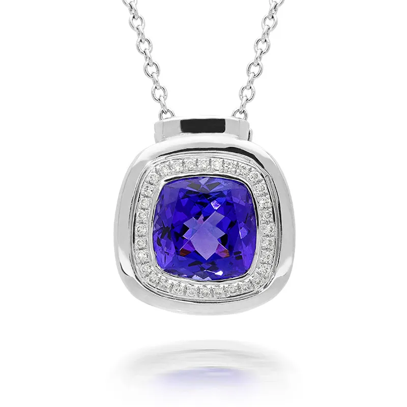 18ct White Gold 2.63ct Tanzanite and Diamond Cushion Necklace