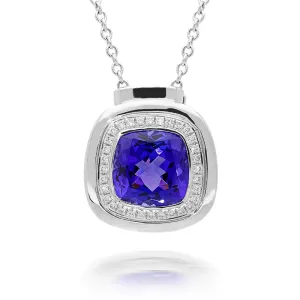 18ct White Gold 2.63ct Tanzanite and Diamond Cushion Necklace