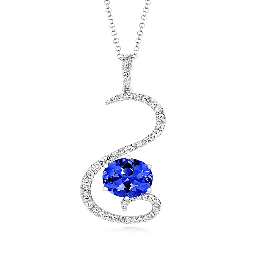 18ct White Gold 3.34ct Tanzanite Diamond Swirled Necklace