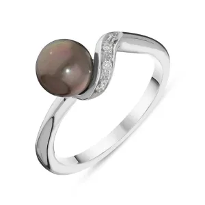 18ct White Gold Black Pearl Diamond Shoulder Twist Ring