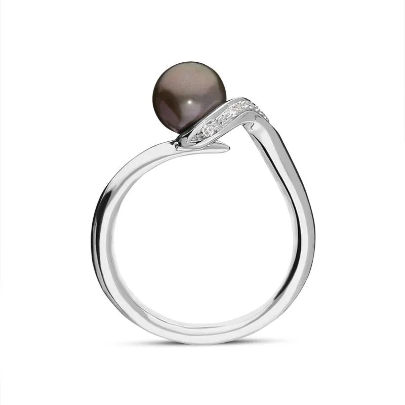 18ct White Gold Black Pearl Diamond Shoulder Twist Ring