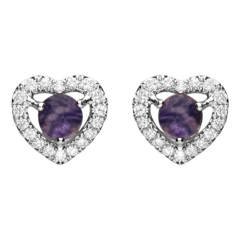 18ct White Gold Blue John and Diamond Heart Stud Earrings