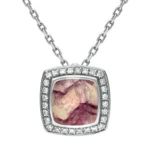 18ct White Gold Blue John Diamond Square Pave Edge Necklace D