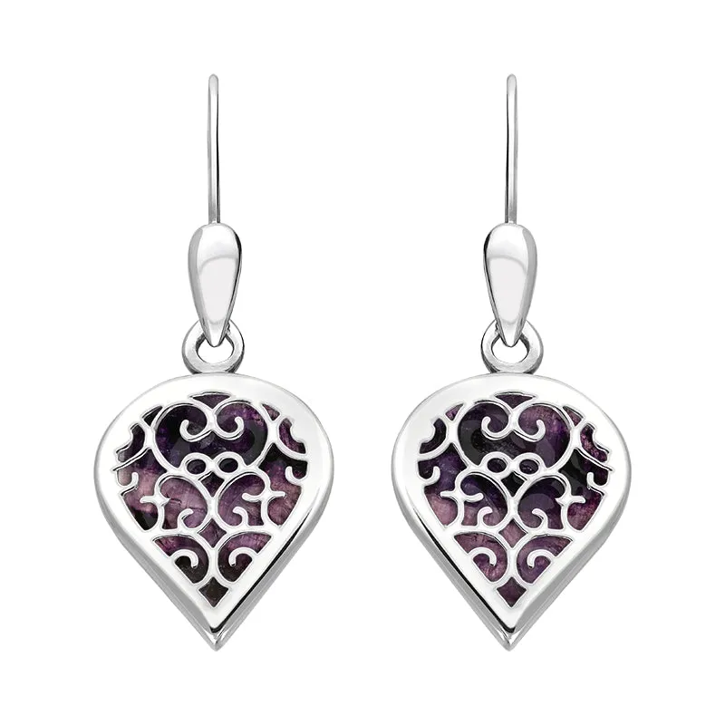 18ct White Gold Blue John Flore Filigree Heart Drop Earrings