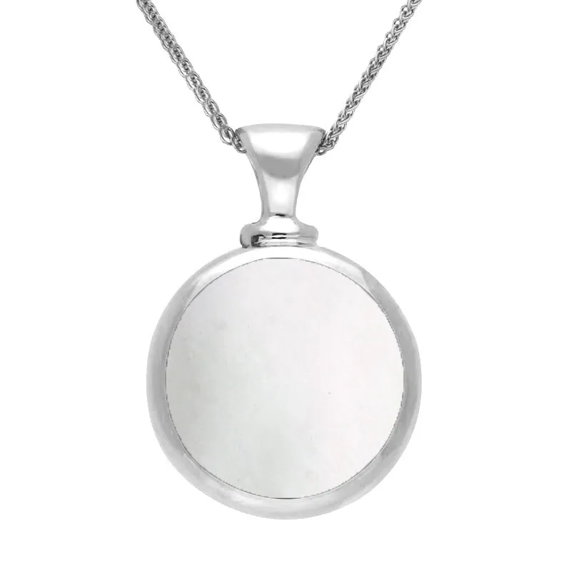18ct White Gold Blue John Mother Of Pearl Double Sided Round Dinky Fob Necklace
