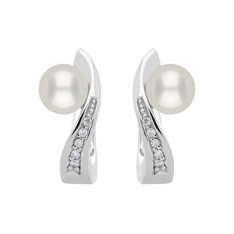 18ct White Gold Diamond Pearl Wave Stud Earrings