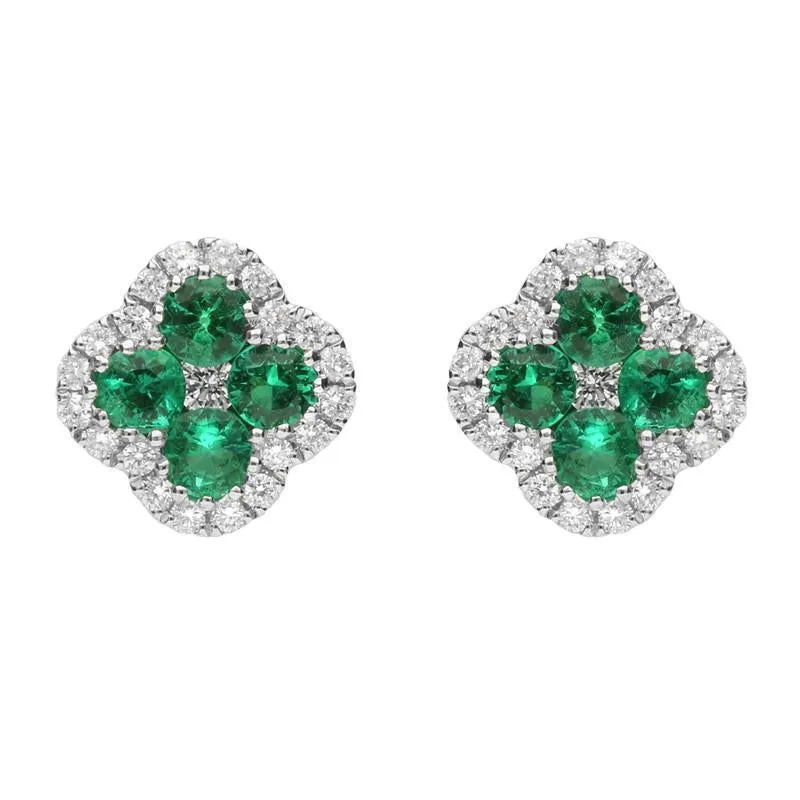 18ct White Gold Emerald and Diamond Clover Stud Earrings D