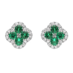18ct White Gold Emerald and Diamond Clover Stud Earrings D