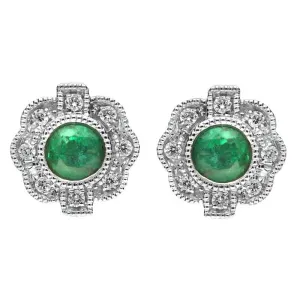 18ct White Gold Emerald and Diamond Flower Stud Earrings D