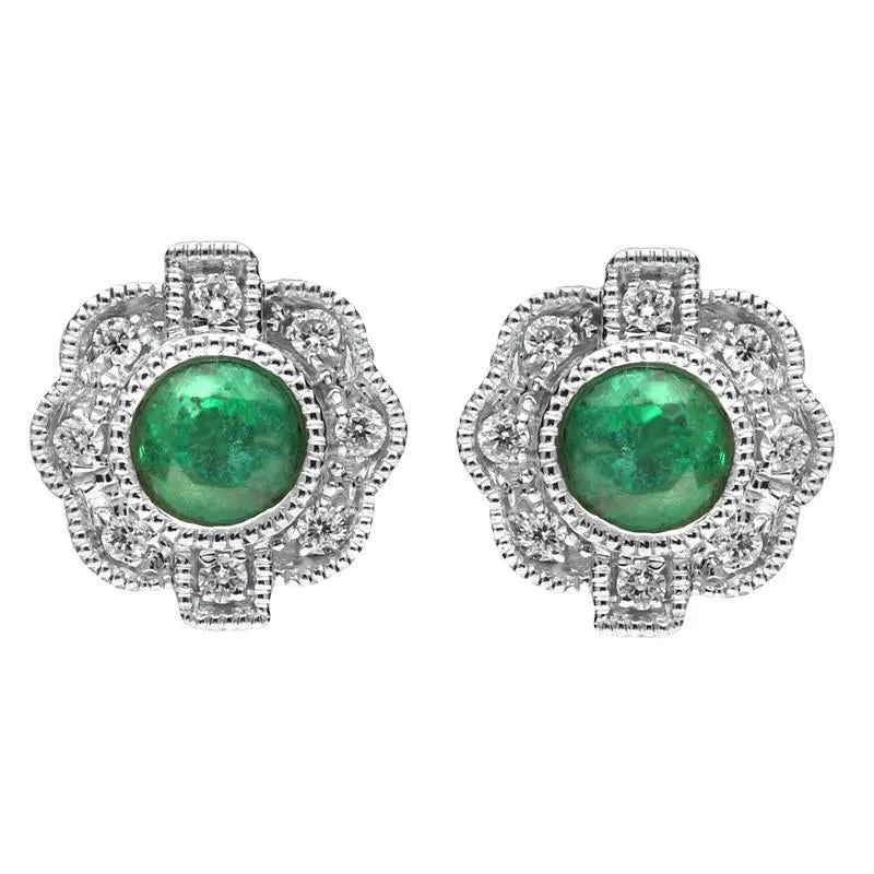 18ct White Gold Emerald and Diamond Flower Stud Earrings D