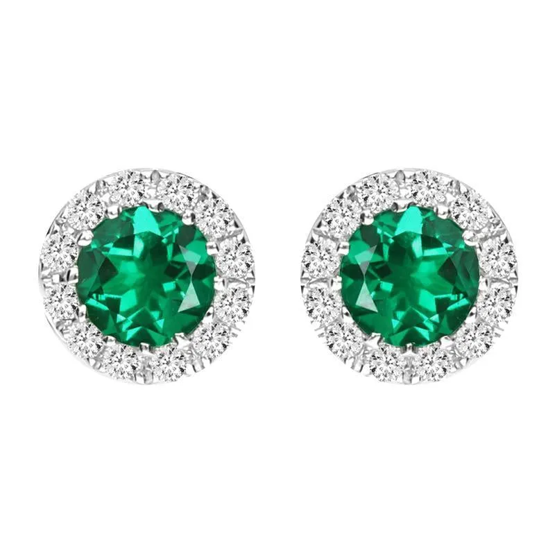 18ct White Gold Emerald and Diamond Round Stud Earrings