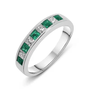 18ct White Gold Emerald Diamond Princess Cut Half Eternity Ring