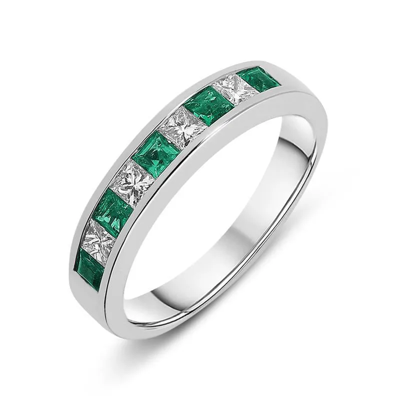 18ct White Gold Emerald Diamond Princess Cut Half Eternity Ring