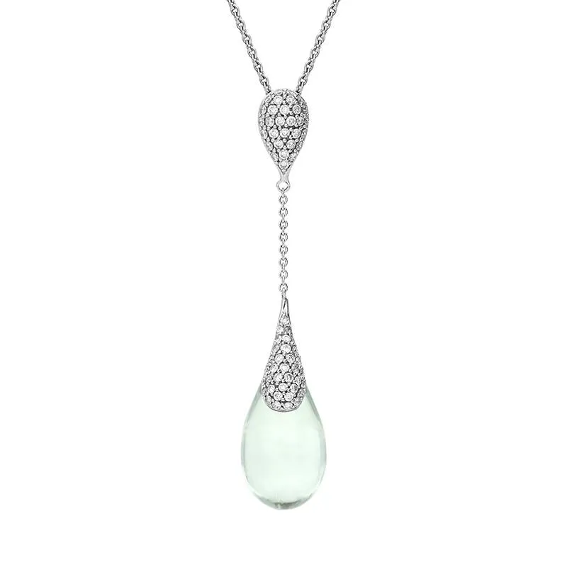 18ct White Gold Green Amethyst Diamond Pear Drop Necklace D