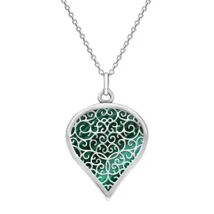 18ct White Gold Malachite Flore Filigree Large Heart Necklace