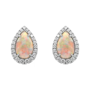 18ct White Gold Opal Diamond Pear Cut Halo Stud Earrings