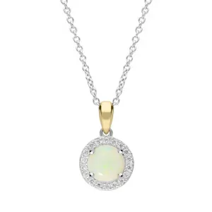 18ct White Gold Opal Diamond Round Necklace