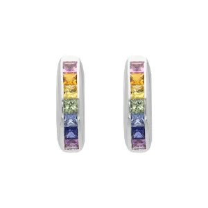 18ct White Gold Rainbow Sapphire Princess Cut Curved Stud Earrings