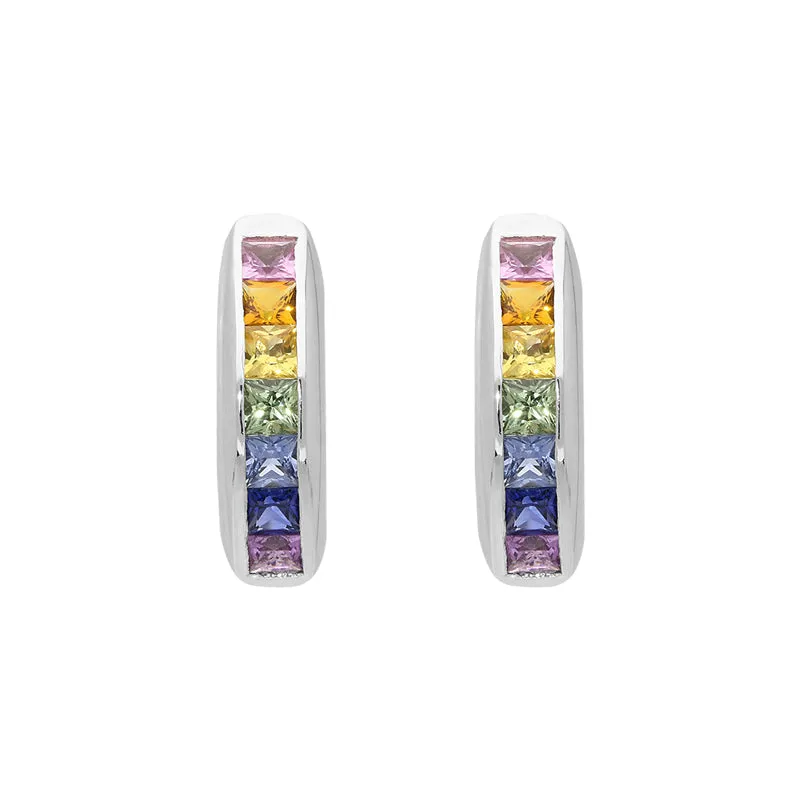 18ct White Gold Rainbow Sapphire Princess Cut Curved Stud Earrings