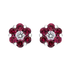 18ct White Gold Ruby Diamond Cluster Stud Earrings