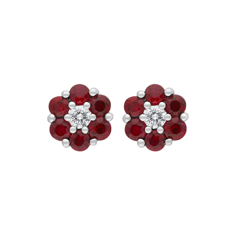 18ct White Gold Ruby Diamond Flower Stud Earrings