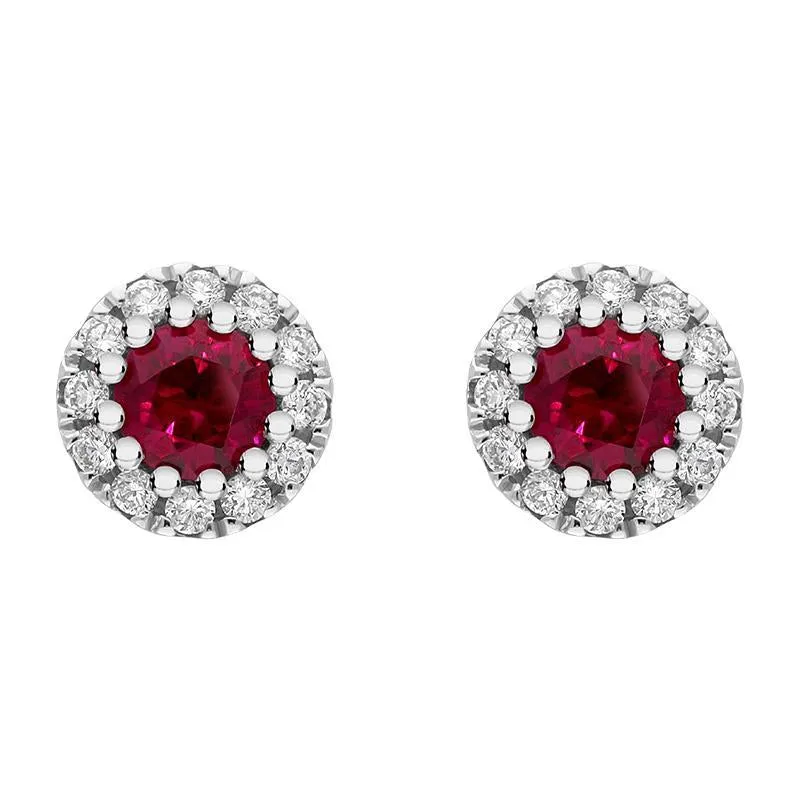 18ct White Gold Ruby Diamond Round Cluster Earrings D