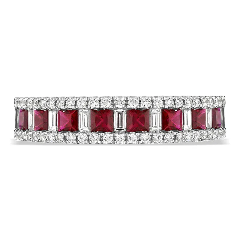 18ct White Gold Ruby Diamond Square and Baguette Cut Half Eternity Ring