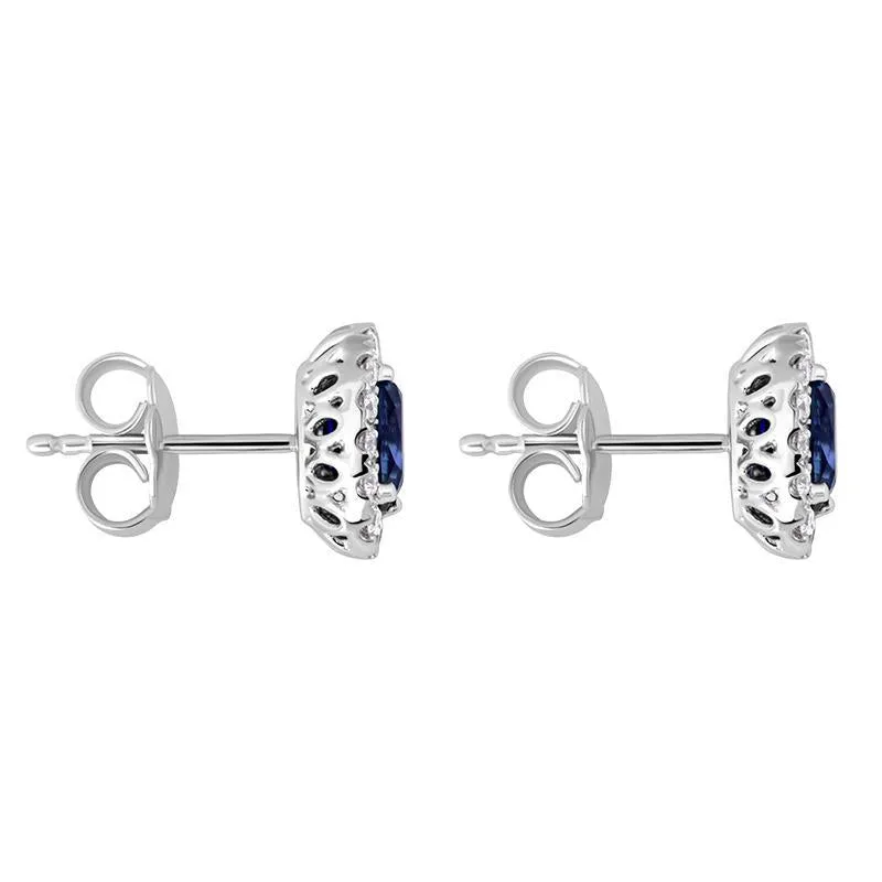 18ct White Gold Sapphire Diamond Cluster Oval Stud Earrings